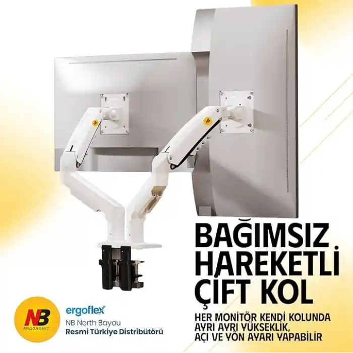 North Bayou NB F160 Ergonomic Çift Kol 2-9 kg Kapasiteli Yeni Nesil Profosyonel Monitör Standı (Beyaz)