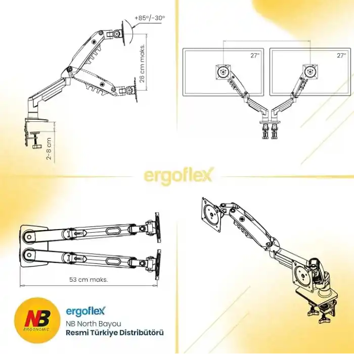 North Bayou NB F160 Ergonomic Çift Kol 2-9 kg Kapasiteli Yeni Nesil Profosyonel Monitör Standı (Beyaz)