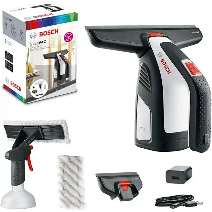 Bosch Home And Garden Akülü Pencere Temizleyici, Glassvac Cam Temizleyici, Premium Paket, Pencere, Ayna ve Duş Temizliği için, Çalışma Süresi Yaklaşık 35 Pencere, Karton Kutuda Siyah/Beyaz