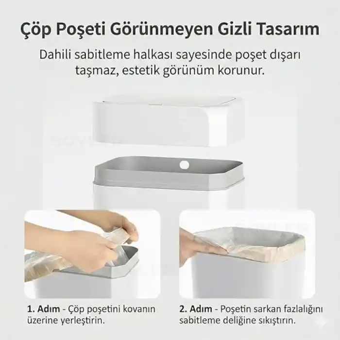12 Litre Hareket Sensörlü Çöp Kovası, Otomatik, Banyo Çöp Kovası, Çocuk Odası Çöp Sepeti, Çöp Kutusu, (2 adet 1.5 V AA pil, piller pakete dahil değildir) 23.5x17.5x31.8 cm
