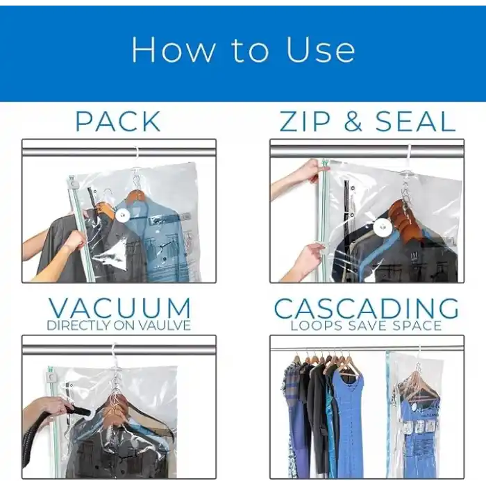 AEE® 3lü Askılı Vakumlu Hurç Elbise Torbası Kılıfı 145x70 105x70 90x60 Vakumlu Gamboç Kıyafet Koruma ve Saklama Çantası Dolap Düzenleyici Organizer