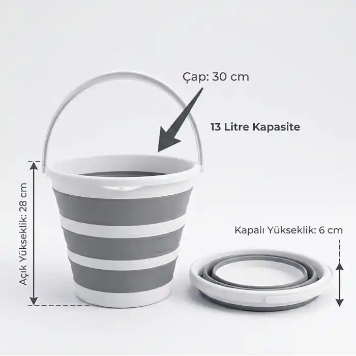 Deconox Katlanabilir Temizlik Kovası 13 Litre, 30 cm Çap, Açık 28 cm Kapalı 6 cm, Yer Kaplamayan Akordiyon Kova, Banyo Mutfak Kamp ve Karavan İçin, Gri