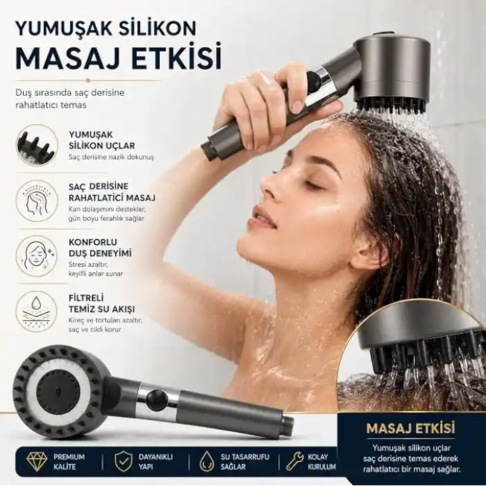 SOGUD Duş Başlığı Seti Gri - 150 Cm Hortumlu Filtreli Arıtmalı El Duşu - 3 Fonksiyonlu Yüksek Basınçlı Model - 3 Yedek Filtre Kartuşlu Kireç Önleyici Su Tasarruflu Masaj Etkili