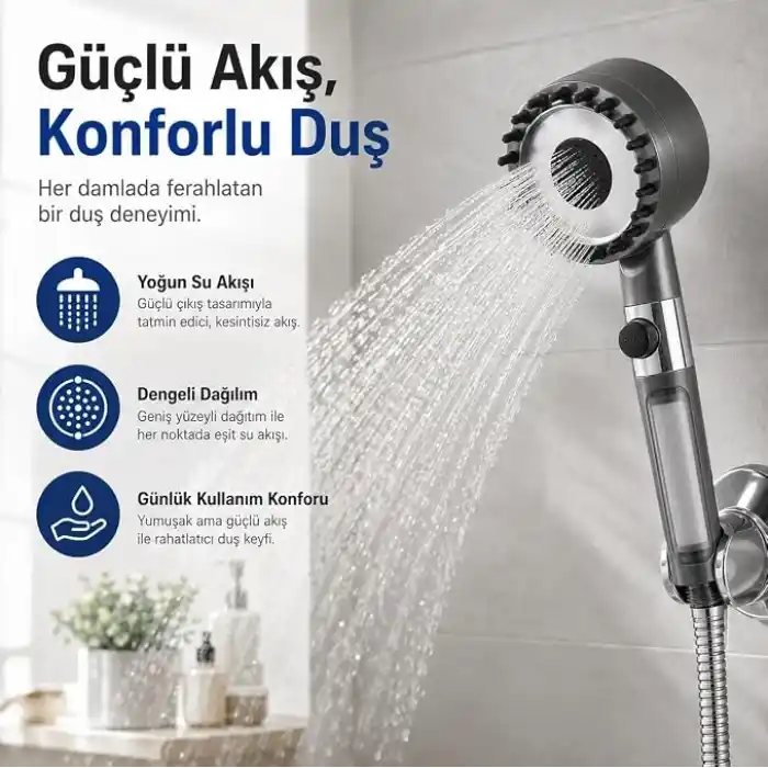 SOGUD Duş Başlığı Seti Gri - 150 Cm Hortumlu Filtreli Arıtmalı El Duşu - 3 Fonksiyonlu Yüksek Basınçlı Model - 3 Yedek Filtre Kartuşlu Kireç Önleyici Su Tasarruflu Masaj Etkili