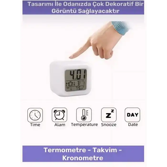 Busstier Renk Değiştiren Küp Şeklinde Dijital Masa Saati: Alarm, Termometre ve Tarih Özellikli