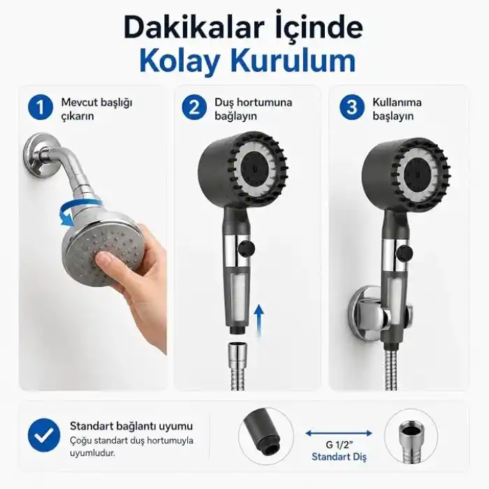 SOGUD Duş Başlığı Seti Gri - 150 Cm Hortumlu Filtreli Arıtmalı El Duşu - 3 Fonksiyonlu Yüksek Basınçlı Model - 3 Yedek Filtre Kartuşlu Kireç Önleyici Su Tasarruflu Masaj Etkili