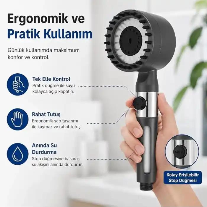 SOGUD Duş Başlığı Seti Gri - 150 Cm Hortumlu Filtreli Arıtmalı El Duşu - 3 Fonksiyonlu Yüksek Basınçlı Model - 3 Yedek Filtre Kartuşlu Kireç Önleyici Su Tasarruflu Masaj Etkili