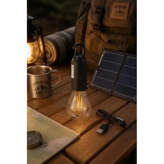 Busstier Type C Şarjlı Kamp Lambası Solar Şarj Destekli Taşınabilir LED Kamp Ampulü Sıcak Işık Modlu Askılı Acil Durum Çadır Lambası Outdoor Gece Lambası