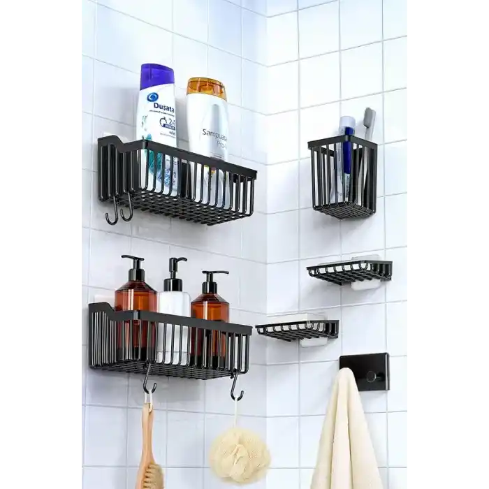 ATA HOME Banyor 6Lı Banyo Seti Yapışkanlı Banyo Düzenleyici Şampuanlık Diş Fırçalık Sabunluk Askılık Takımı Siyah
