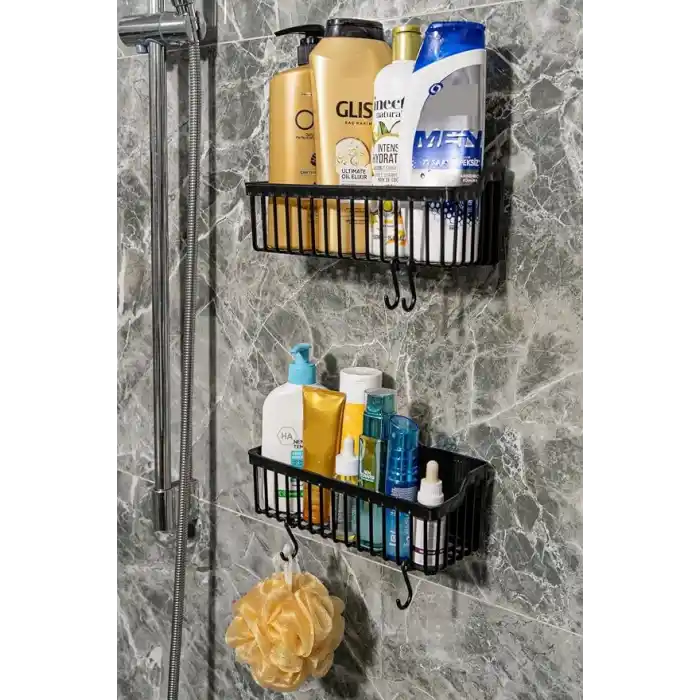 ATA HOME Banyor 6Lı Banyo Seti Yapışkanlı Banyo Düzenleyici Şampuanlık Diş Fırçalık Sabunluk Askılık Takımı Siyah