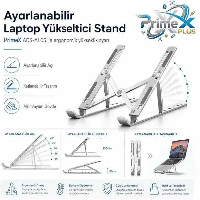 PrimeX ADS-AL05 Alüminyum Ayarlı Laptop Standı, MacBook Notebook Yükseltici Tutucu, Katlanabilir Taşınabilir Ergonomik Laptop Altlığı, 10-16 İnç Uyumlu, Kaymaz Silikon Destekli Gümüş Stand