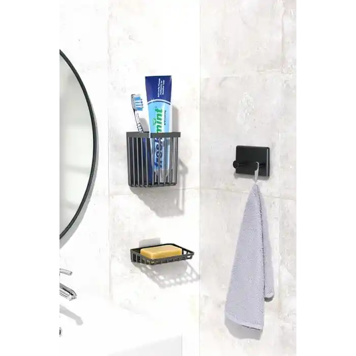 ATA HOME Banyor 6Lı Banyo Seti Yapışkanlı Banyo Düzenleyici Şampuanlık Diş Fırçalık Sabunluk Askılık Takımı Siyah