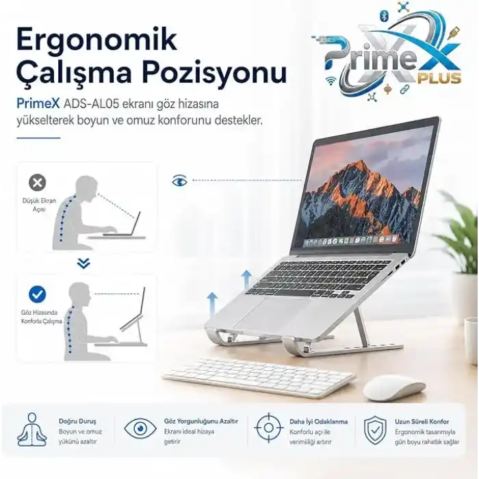 PrimeX ADS-AL05 Alüminyum Ayarlı Laptop Standı, MacBook Notebook Yükseltici Tutucu, Katlanabilir Taşınabilir Ergonomik Laptop Altlığı, 10-16 İnç Uyumlu, Kaymaz Silikon Destekli Gümüş Stand