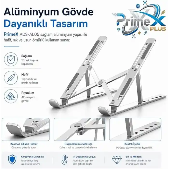 PrimeX ADS-AL05 Alüminyum Ayarlı Laptop Standı, MacBook Notebook Yükseltici Tutucu, Katlanabilir Taşınabilir Ergonomik Laptop Altlığı, 10-16 İnç Uyumlu, Kaymaz Silikon Destekli Gümüş Stand