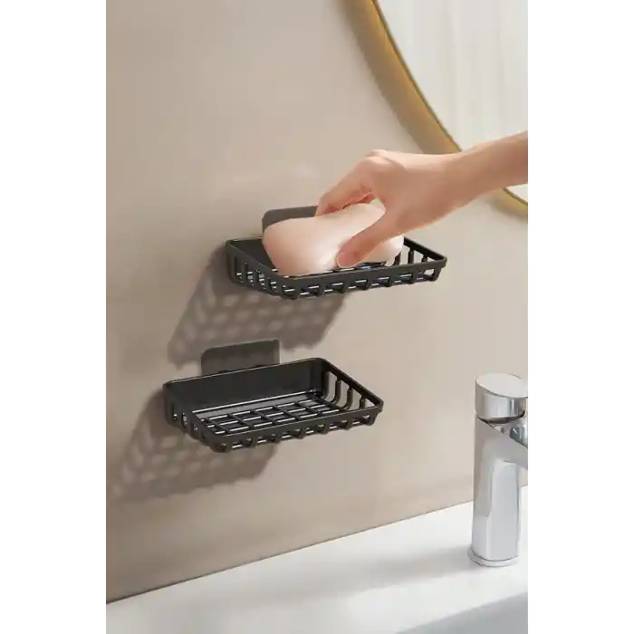 ATA HOME Banyor 6Lı Banyo Seti Yapışkanlı Banyo Düzenleyici Şampuanlık Diş Fırçalık Sabunluk Askılık Takımı Siyah