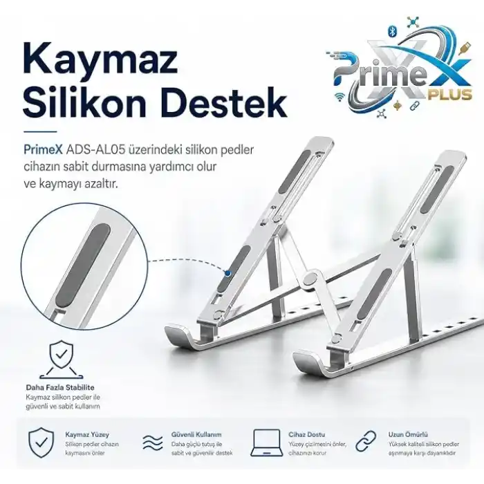 PrimeX ADS-AL05 Alüminyum Ayarlı Laptop Standı, MacBook Notebook Yükseltici Tutucu, Katlanabilir Taşınabilir Ergonomik Laptop Altlığı, 10-16 İnç Uyumlu, Kaymaz Silikon Destekli Gümüş Stand