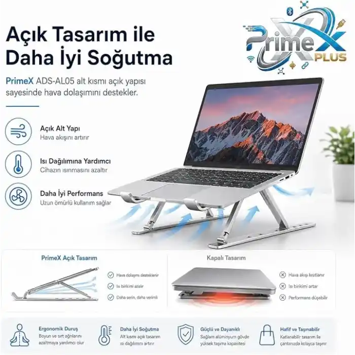 PrimeX ADS-AL05 Alüminyum Ayarlı Laptop Standı, MacBook Notebook Yükseltici Tutucu, Katlanabilir Taşınabilir Ergonomik Laptop Altlığı, 10-16 İnç Uyumlu, Kaymaz Silikon Destekli Gümüş Stand