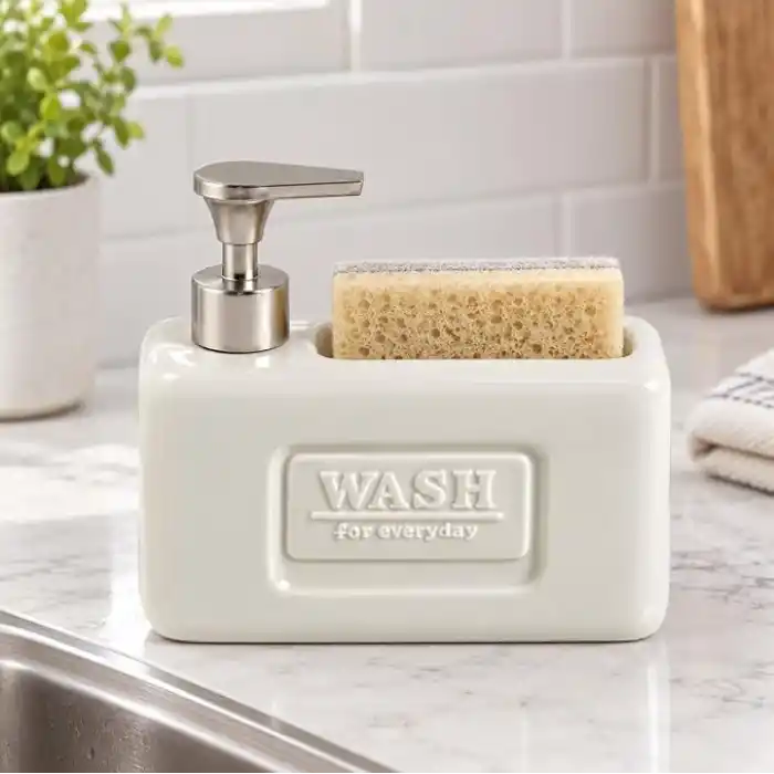Deconox 1 Adet Paslanmaz Çelik Pompalı Porselen Sıvı Sabunluk, Bulaşık Süngeri Yuvalı Tezgâh Üstü Deterjanlık, Mutfak, Banyo ve Lavabo İçin Sabun Dispenseri, Düzenleyici Hazneli, Asorti Renk