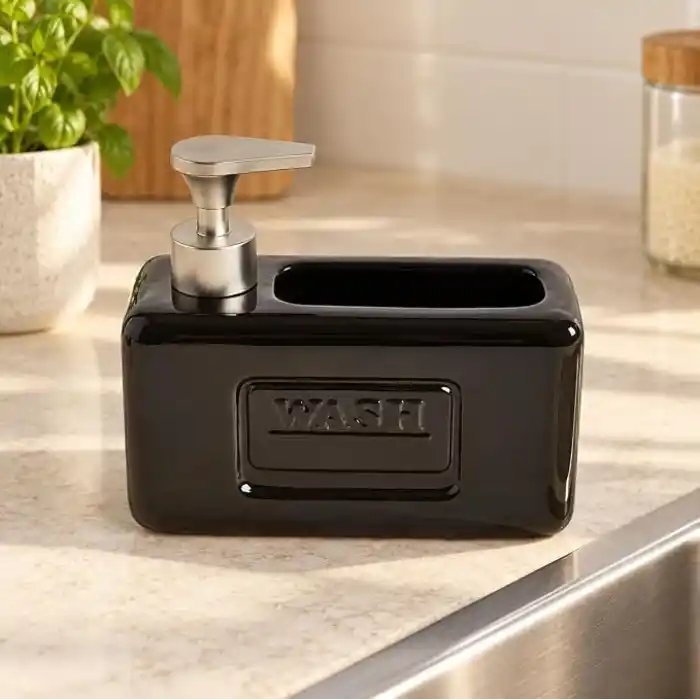 Deconox 1 Adet Paslanmaz Çelik Pompalı Porselen Sıvı Sabunluk, Bulaşık Süngeri Yuvalı Tezgâh Üstü Deterjanlık, Mutfak, Banyo ve Lavabo İçin Sabun Dispenseri, Düzenleyici Hazneli, Asorti Renk