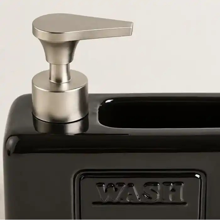 Deconox 1 Adet Paslanmaz Çelik Pompalı Porselen Sıvı Sabunluk, Bulaşık Süngeri Yuvalı Tezgâh Üstü Deterjanlık, Mutfak, Banyo ve Lavabo İçin Sabun Dispenseri, Düzenleyici Hazneli, Asorti Renk