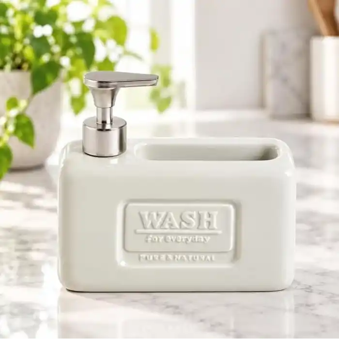 Deconox 1 Adet Paslanmaz Çelik Pompalı Porselen Sıvı Sabunluk, Bulaşık Süngeri Yuvalı Tezgâh Üstü Deterjanlık, Mutfak, Banyo ve Lavabo İçin Sabun Dispenseri, Düzenleyici Hazneli, Asorti Renk