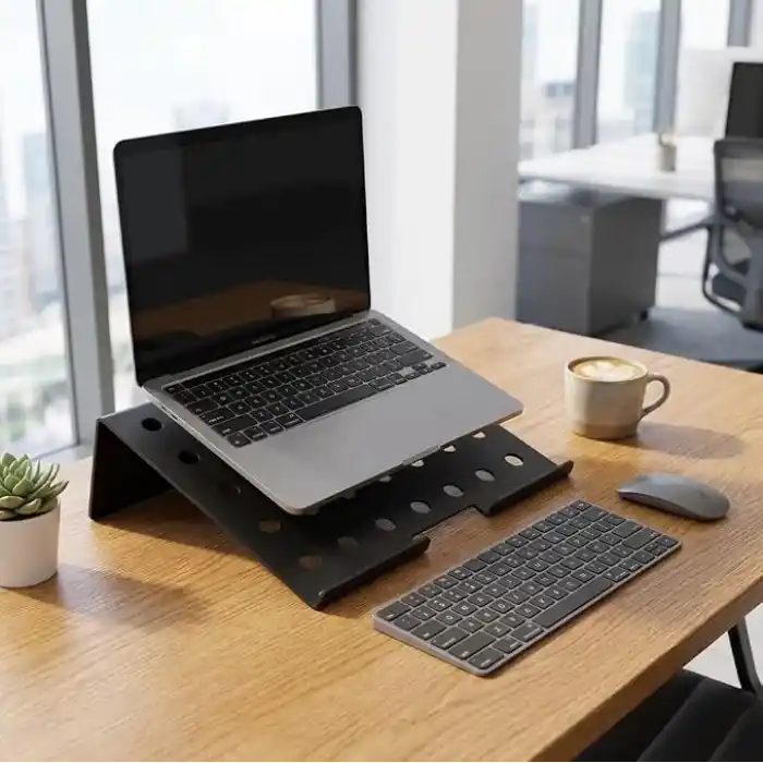 Deconox Metal Laptop Standı, Siyah Dizüstü Bilgisayar Yükseltici Stand, 38x26 cm Havalandırma Delikli Ergonomik Açılı Notebook Standı, Özel Boyalı Masaüstü Laptop Yükseltici