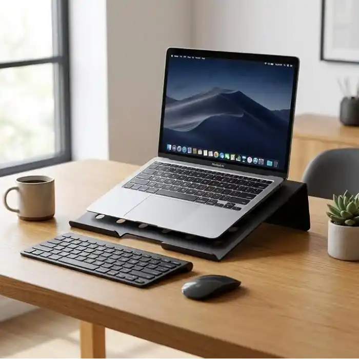 Deconox Metal Laptop Standı, Siyah Dizüstü Bilgisayar Yükseltici Stand, 38x26 cm Havalandırma Delikli Ergonomik Açılı Notebook Standı, Özel Boyalı Masaüstü Laptop Yükseltici
