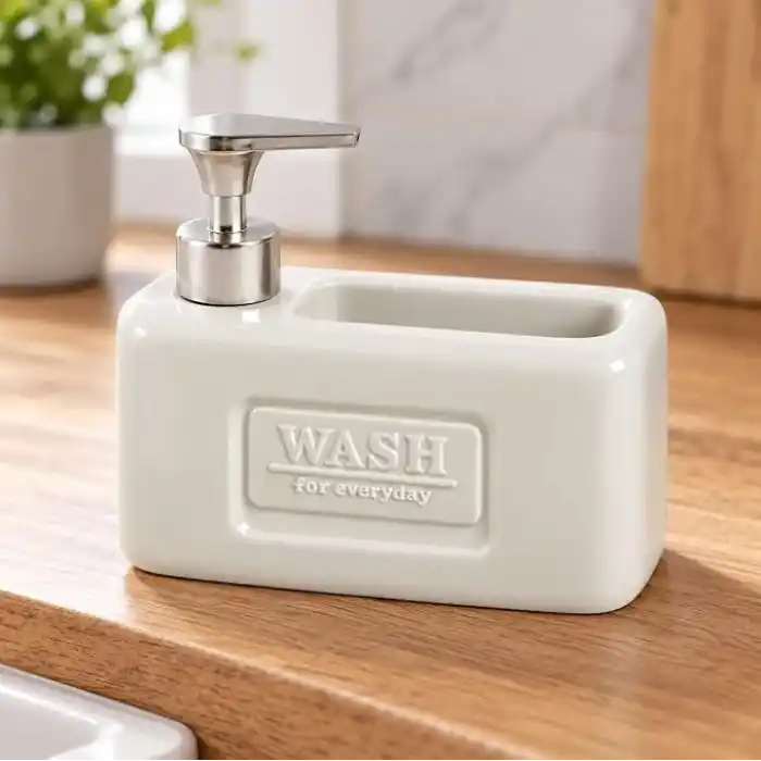Deconox 1 Adet Paslanmaz Çelik Pompalı Porselen Sıvı Sabunluk, Bulaşık Süngeri Yuvalı Tezgâh Üstü Deterjanlık, Mutfak, Banyo ve Lavabo İçin Sabun Dispenseri, Düzenleyici Hazneli, Asorti Renk