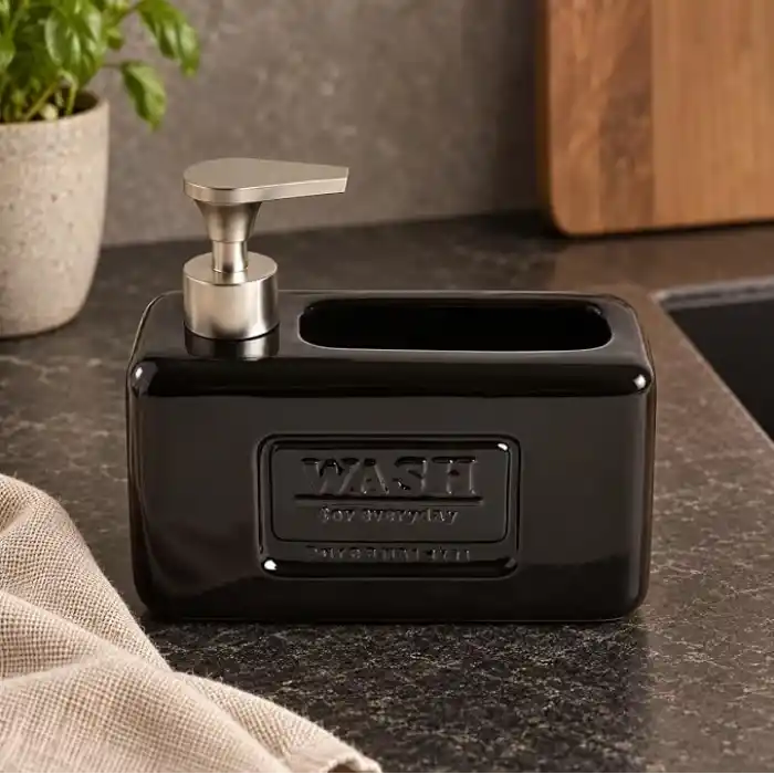 Deconox 1 Adet Paslanmaz Çelik Pompalı Porselen Sıvı Sabunluk, Bulaşık Süngeri Yuvalı Tezgâh Üstü Deterjanlık, Mutfak, Banyo ve Lavabo İçin Sabun Dispenseri, Düzenleyici Hazneli, Asorti Renk
