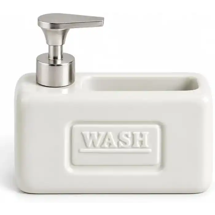 Deconox 1 Adet Paslanmaz Çelik Pompalı Porselen Sıvı Sabunluk, Bulaşık Süngeri Yuvalı Tezgâh Üstü Deterjanlık, Mutfak, Banyo ve Lavabo İçin Sabun Dispenseri, Düzenleyici Hazneli, Asorti Renk