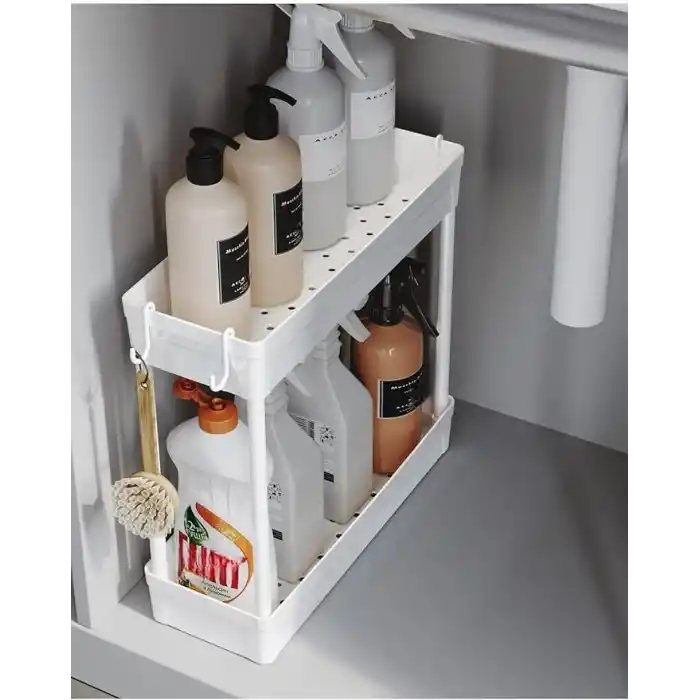 ATA HOME Rafata Çok Amaçlı 2 Katlı Evye Altı Düzenleyicisi Askılı Banyo Düzenleyici Dolap İçi Organizer Raf