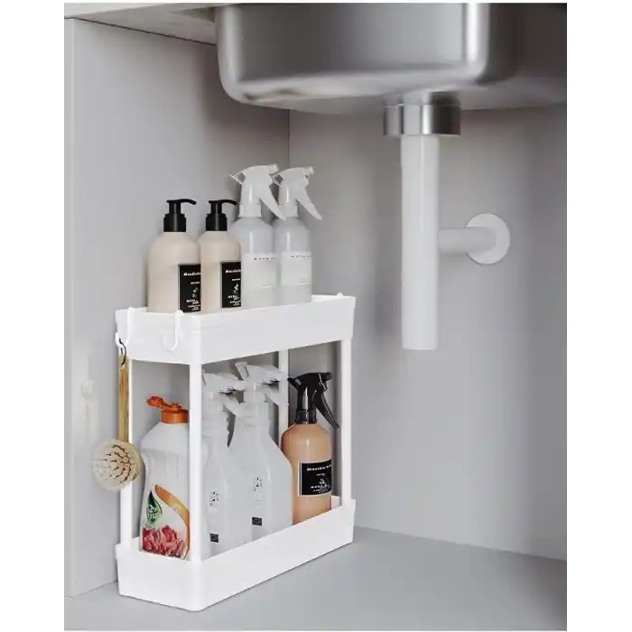 ATA HOME Rafata Çok Amaçlı 2 Katlı Evye Altı Düzenleyicisi Askılı Banyo Düzenleyici Dolap İçi Organizer Raf