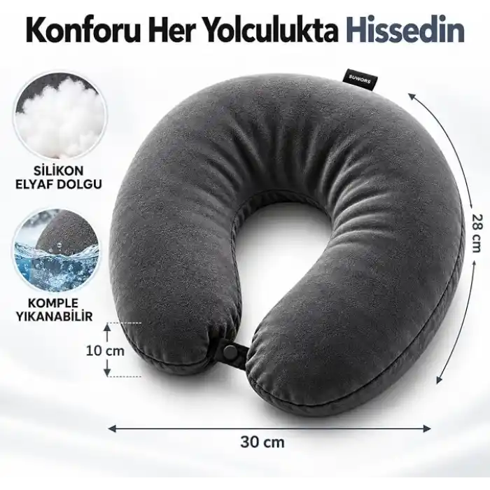 Boyun ve Seyahat Yastığı – Silikon Elyaf Dolgulu, Çıtçıtlı, Komple Yıkanabilir U Yastık – Uçak, Araba, Otobüs ve Uzun Yolculuklar İçin Boyun Desteği, Asorti Renk
