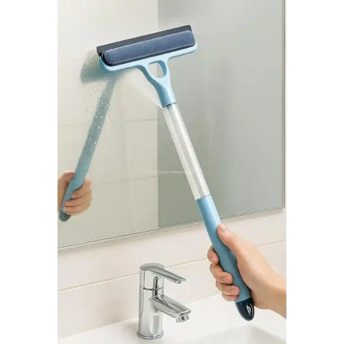 Busstier 4 in 1 Spreyli Cam Temizleyici Çekçek ve Fırça Aparatı Su Hazneli Pratik Camsil Çok Fonksiyonlu Pencere Banyo Ayna Temizlik Aracı