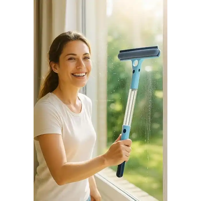 Busstier 4 in 1 Spreyli Cam Temizleyici Çekçek ve Fırça Aparatı Su Hazneli Pratik Camsil Çok Fonksiyonlu Pencere Banyo Ayna Temizlik Aracı
