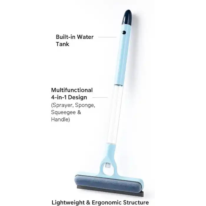 Busstier 4 in 1 Spreyli Cam Temizleyici Çekçek ve Fırça Aparatı Su Hazneli Pratik Camsil Çok Fonksiyonlu Pencere Banyo Ayna Temizlik Aracı