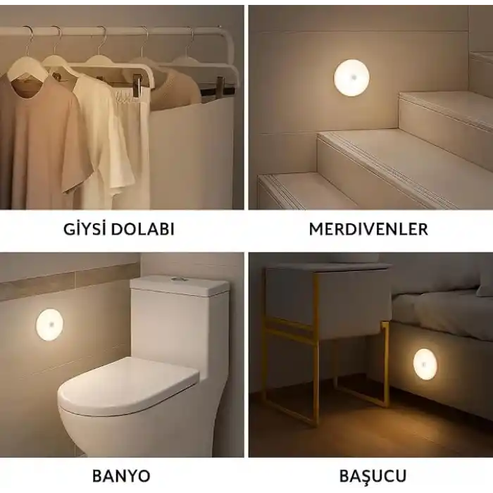 6lı Set Hareket Sensörlü Gece Lambası – USB Şarjlı 4000K Gün Işığı LED – Duvar, Dolap, Merdiven, Başucu için Akıllı Işık