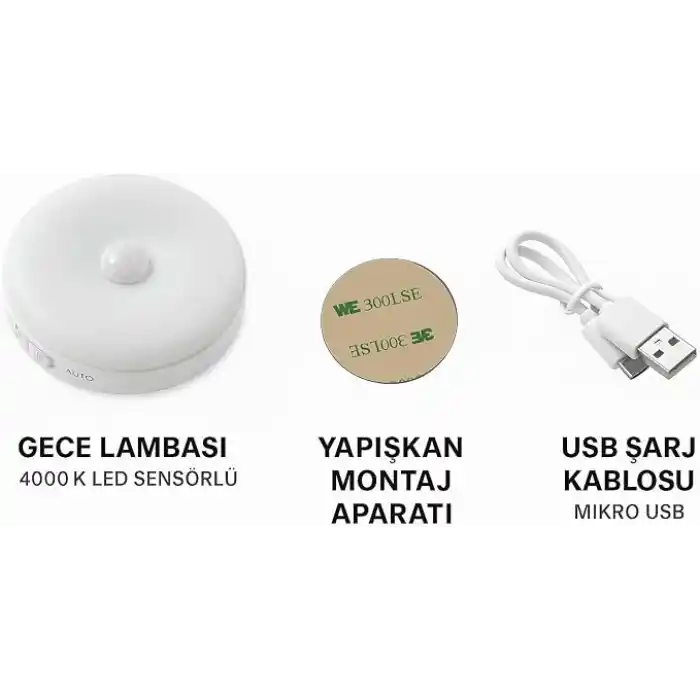 6lı Set Hareket Sensörlü Gece Lambası – USB Şarjlı 4000K Gün Işığı LED – Duvar, Dolap, Merdiven, Başucu için Akıllı Işık