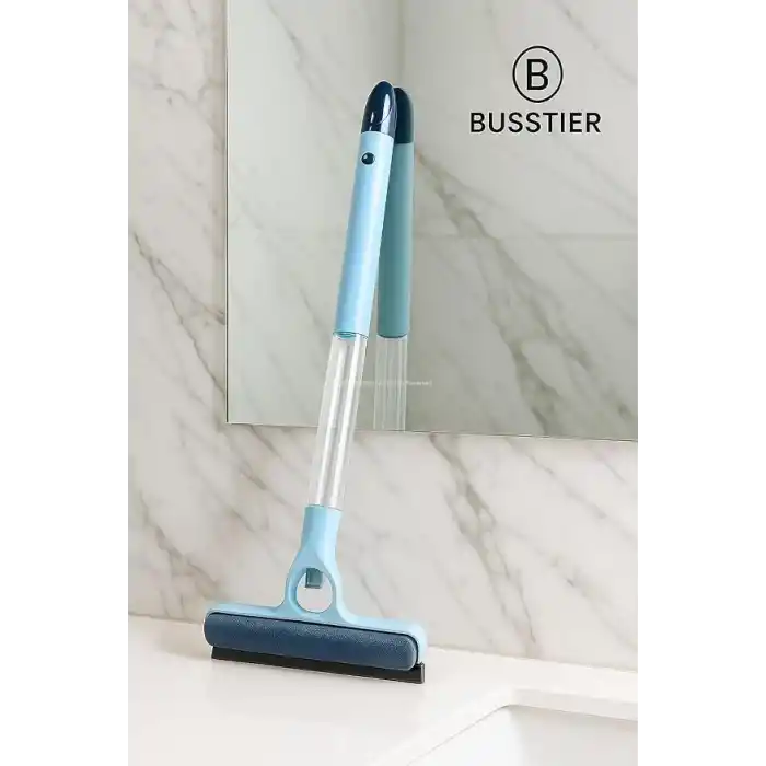 Busstier 4 in 1 Spreyli Cam Temizleyici Çekçek ve Fırça Aparatı Su Hazneli Pratik Camsil Çok Fonksiyonlu Pencere Banyo Ayna Temizlik Aracı