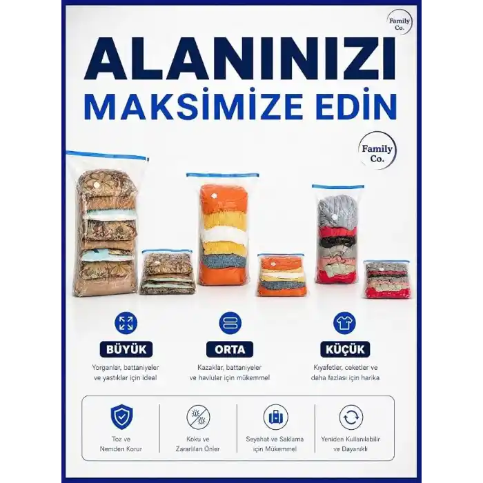 Family Co.3lü Paket Ekstra Büyük Küp Vakumlu Hurç Saklama Poşetleri110x90+25cm1Adet,100x70+33cm-1Adet, 80x50+25 cm -1Adet Giysiler, Yorganlar, Yastıklar, Battaniyeler İçin Vakumlu Hurç