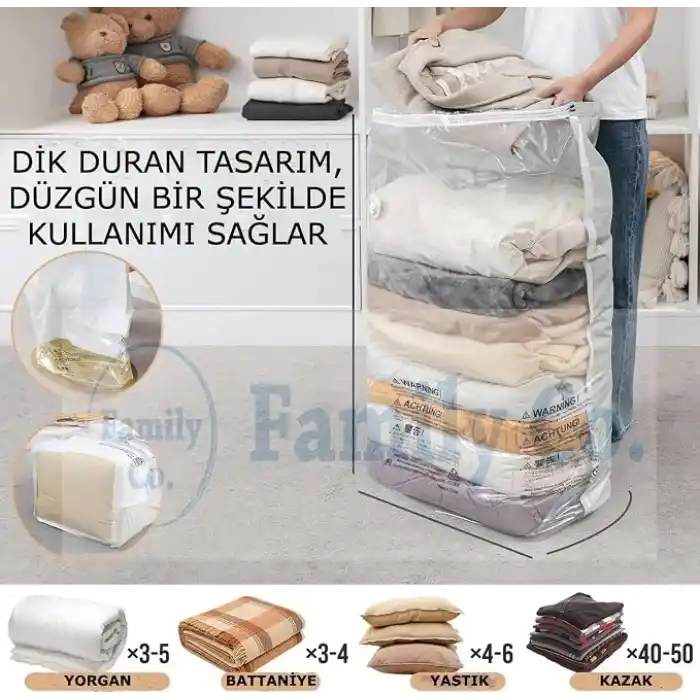 Family Co.3lü Paket Ekstra Büyük Küp Vakumlu Hurç Saklama Poşetleri110x90+25cm1Adet,100x70+33cm-1Adet, 80x50+25 cm -1Adet Giysiler, Yorganlar, Yastıklar, Battaniyeler İçin Vakumlu Hurç