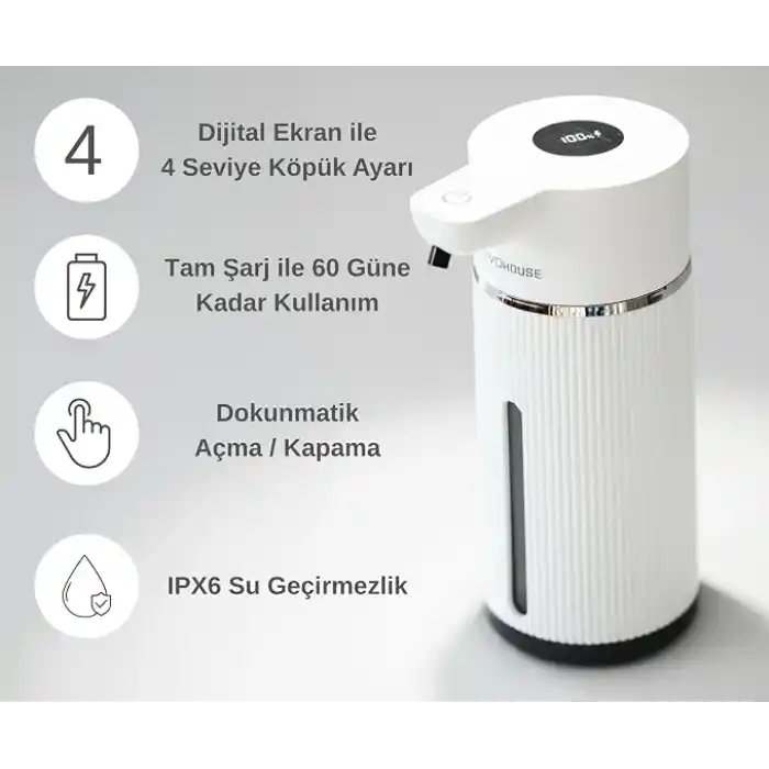 Otomatik Sensörlü Köpük Sıvı Sabunluk - Şarjlı- Dijital LED Ekran - Duvara Monte - E15 Model (Beyaz)