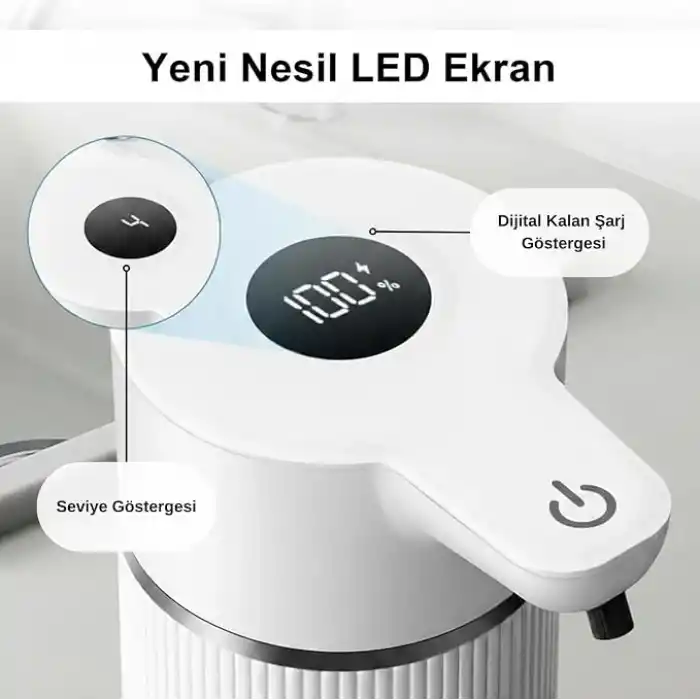 Otomatik Sensörlü Köpük Sıvı Sabunluk - Şarjlı- Dijital LED Ekran - Duvara Monte - E15 Model (Beyaz)