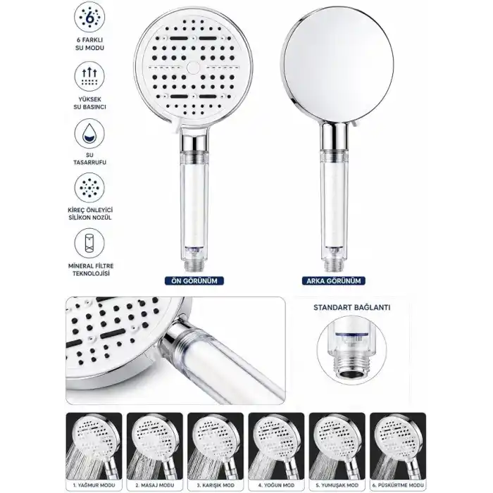 Busstier Krom Filtreli Duş Başlığı 6 Modlu Yüksek Basınçlı Tasarruflu El Duşu Kireç Önleyici Mineral Filtreli Banyo Duş Başlığı 12,5 cm Geniş Başlıklı Evrensel Uyumlu