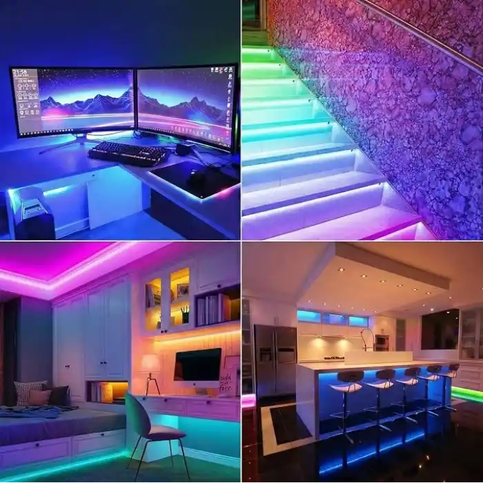AmberLED 5 Metre RGB Şerit LED Seti - Bluetooth Uygulama Kontrollü - Müziğe Duyarlı 5050 3 Çipli Tak Çalıştır - Adaptör Dahil - İç Mekan Silikonsuz Aydınlatma