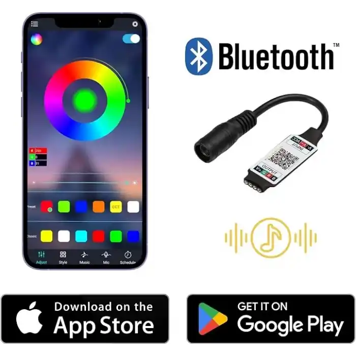 AmberLED 5 Metre RGB Şerit LED Seti - Bluetooth Uygulama Kontrollü - Müziğe Duyarlı 5050 3 Çipli Tak Çalıştır - Adaptör Dahil - İç Mekan Silikonsuz Aydınlatma