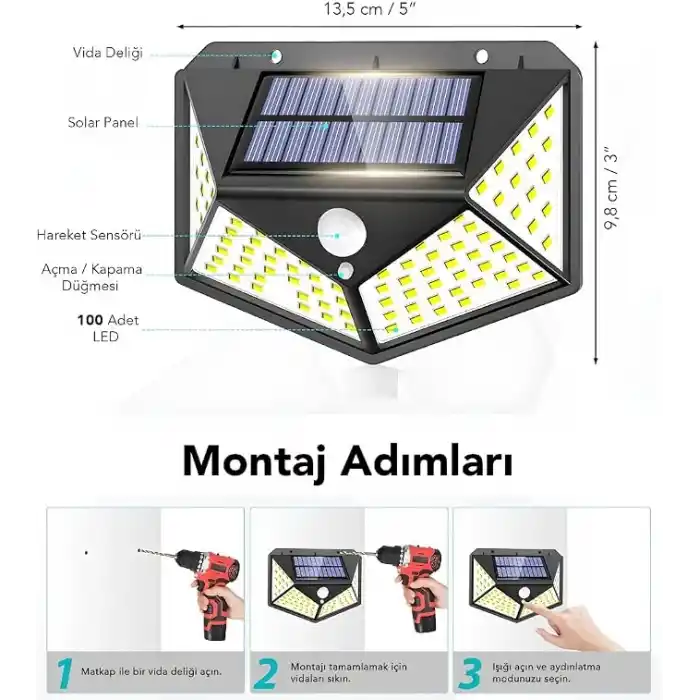 Jouis 100 LED Solar Güneş Enerjili Dış Mekan Duvar Lambası - Hareket Sensörlü Su Geçirmez Bahçe Aydınlatması, 3 Modlu 120 Derece Geniş Açılı Projektör Aplik