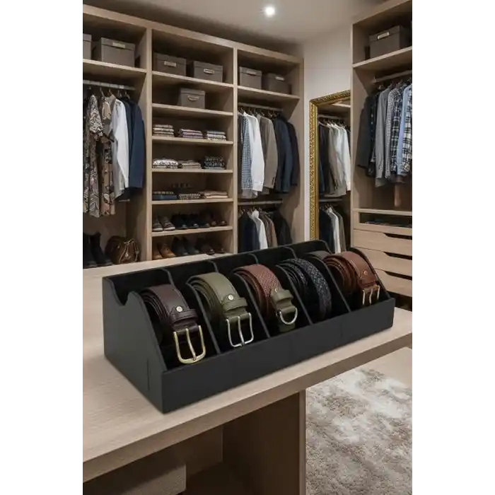 TİNEKE 5 Bölmeli Kemer Çorap Takı Makyaj Organizeri Dolap İçi Kemer Düzenleyici Organizer SİYAH