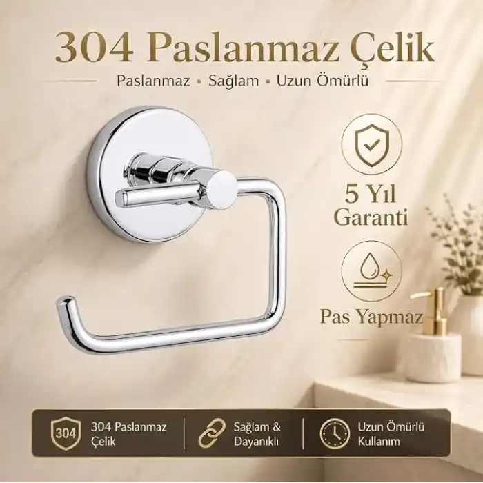 Alper Banyo Tuvalet Kağıtlığı 304 Paslanmaz Çelik, 5 Yıl Garantili, Yapışkanlı ve Vidalı Montajlı, Krom Banyo Wc Kağıt Havluluk