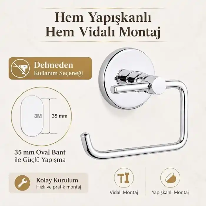 Alper Banyo Tuvalet Kağıtlığı 304 Paslanmaz Çelik, 5 Yıl Garantili, Yapışkanlı ve Vidalı Montajlı, Krom Banyo Wc Kağıt Havluluk
